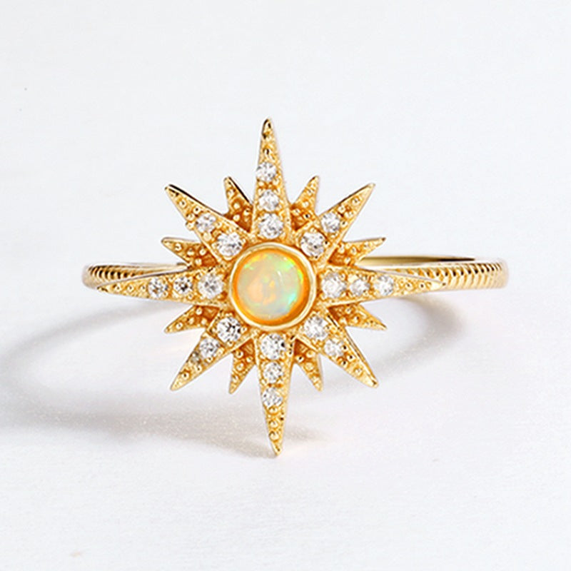S925 Sterling Silver Sun Ring Set with Opal and Cubic Gemstones