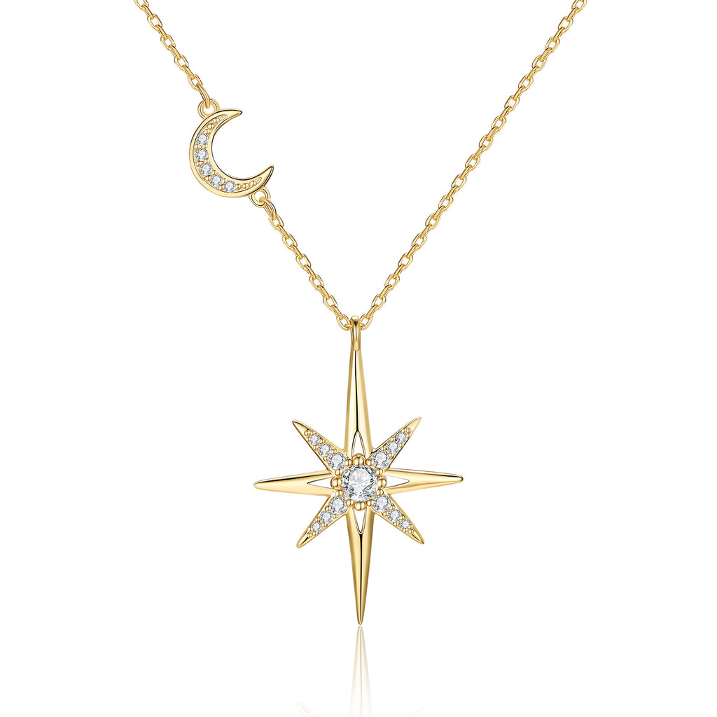 S925 Sterling Silver Eight-Pointed Star and Moon Moissanite Necklace