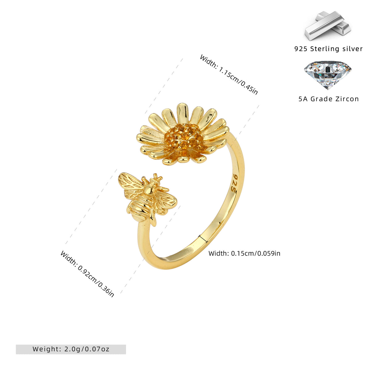 S925 Sterling Silver Creative Personalized Sunflower Bee Zirconia Ring
