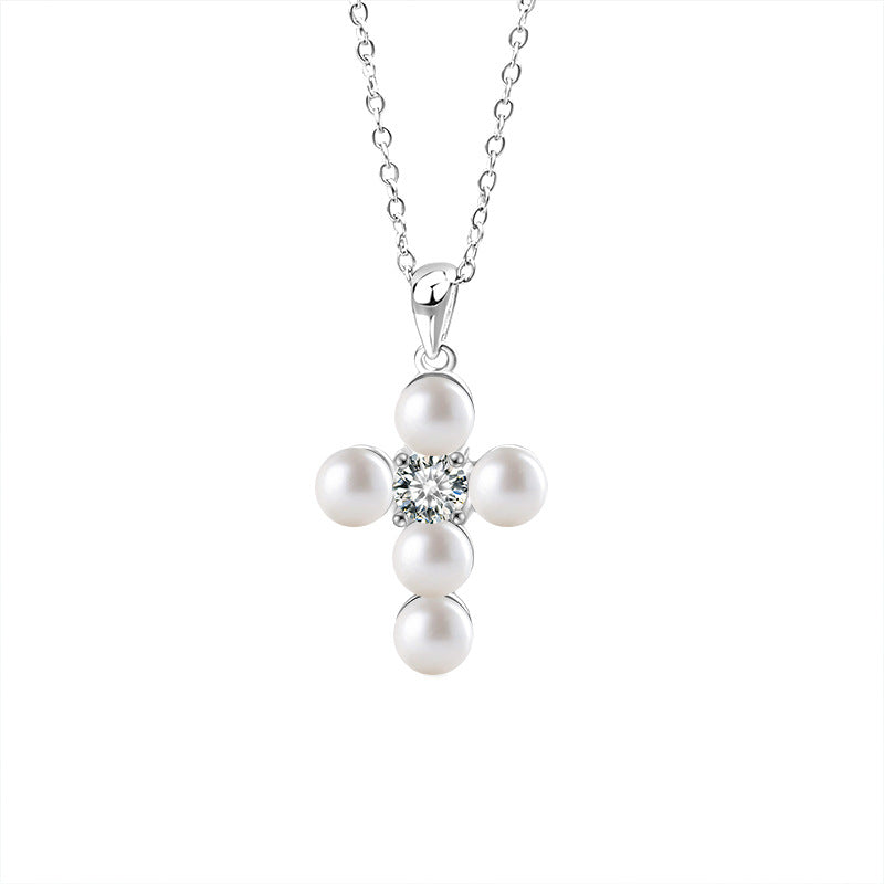 S925 Sterling Silver Moissanite Cross Pearl Pendant Necklace