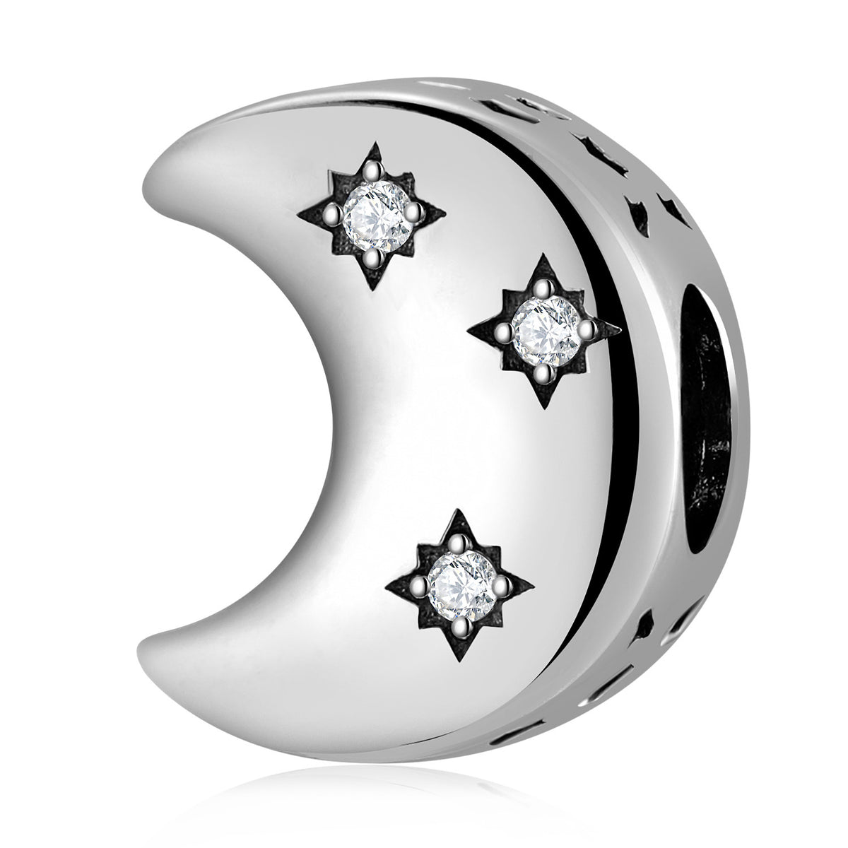 S925 Sterling Silver Moon and Stars Zircon Inlaid Bead Pendant