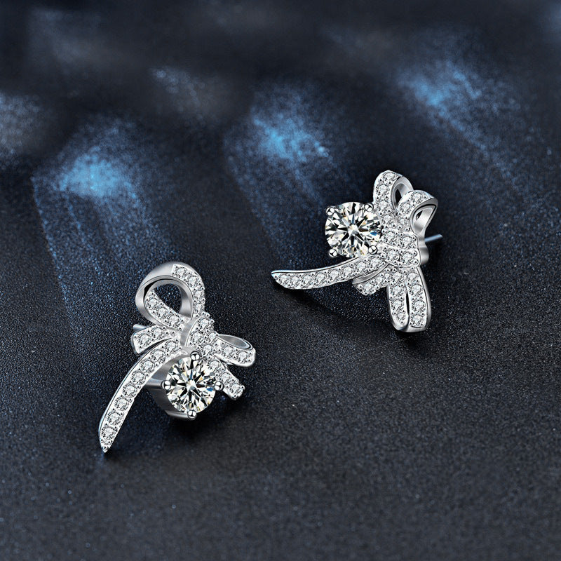 Exquisite 925 sterling silver moissanite bow earrings