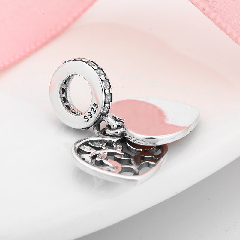 S925 Sterling Silver Loving Heart Pink Gradient Lucky Tree Hollow Design Zircon Pendant