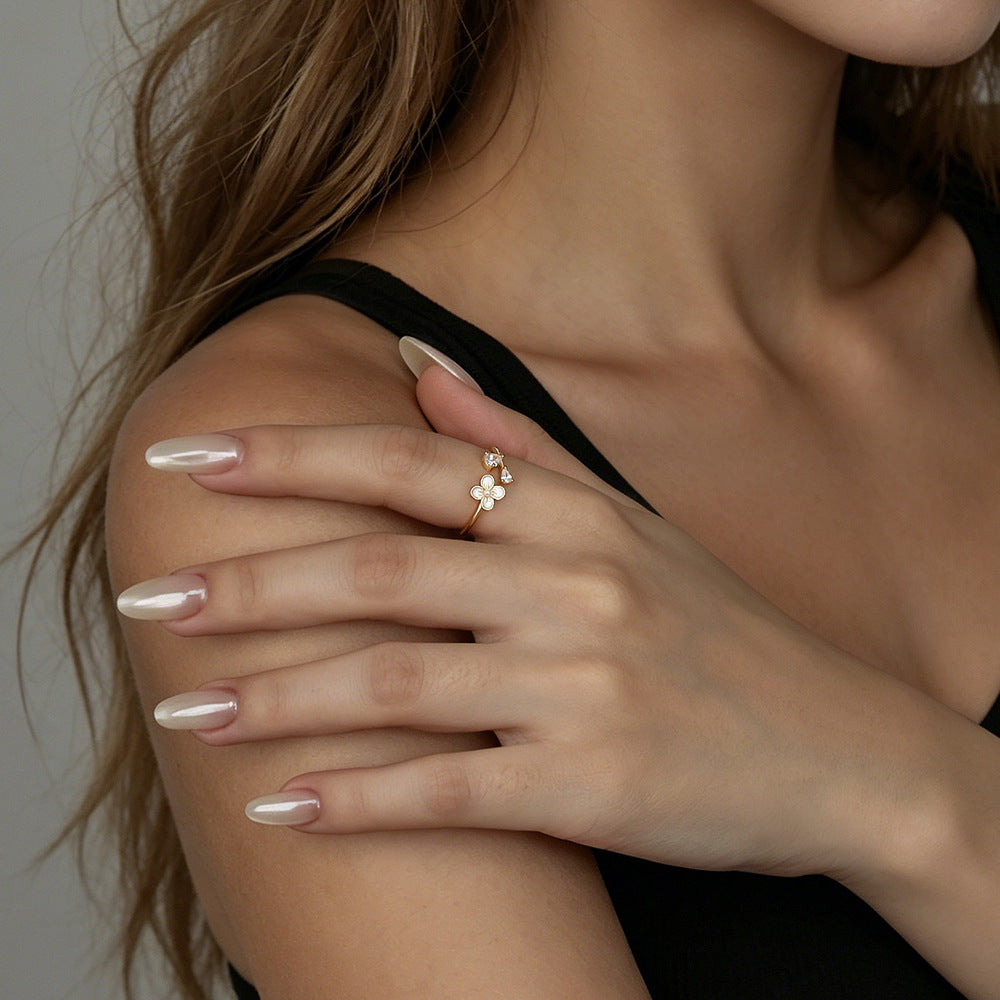 S925 Sterling Silver Open Ring with Flower and Zirconia