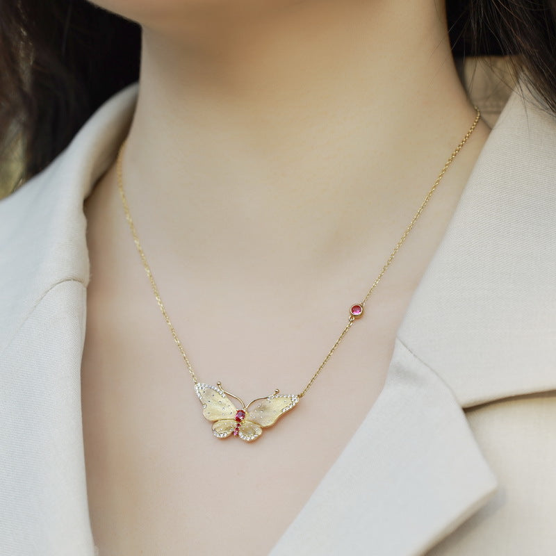 S925 Sterling Silver Gold-Plated Butterfly Red Sapphire Pendant Necklace
