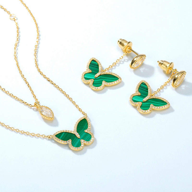 S925 Sterling Silver 10K Gold Green Malachite Butterfly Double Chain Necklace