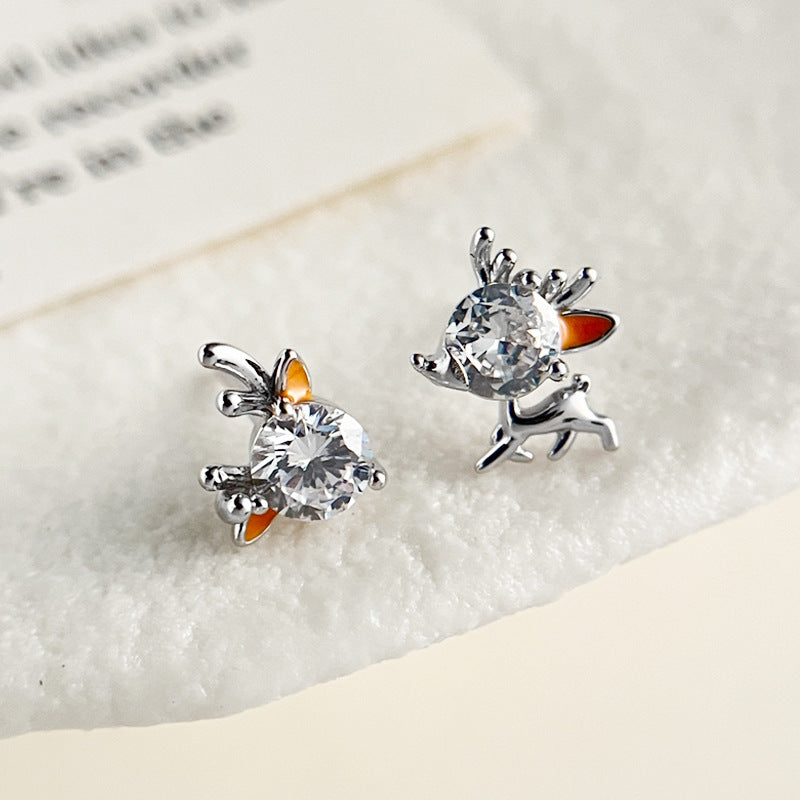 S925 Sterling Silver Asymmetrical Reindeer Christmas Stud Earrings