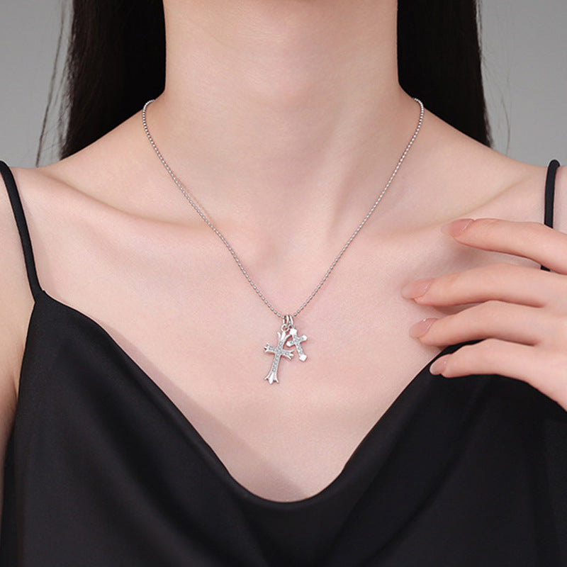 S925 Sterling Silver Moissanite Double Cross Necklace