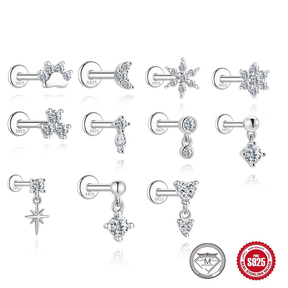 S925 Sterling Silver Hexagram Moissanite Threaded Cartilage Stud Earring