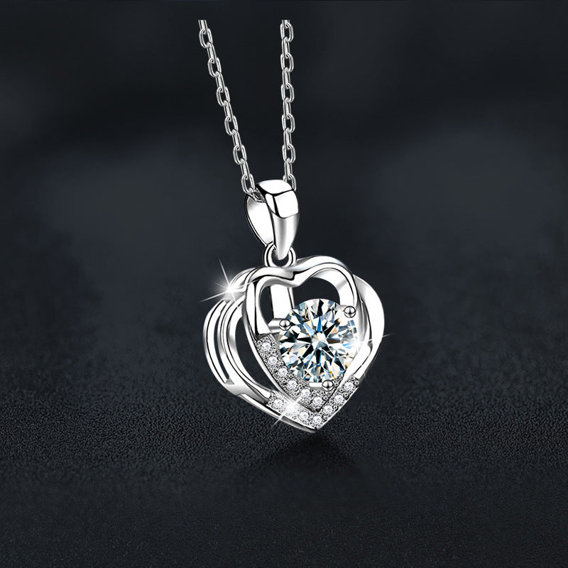S925 Sterling Silver Moissanite Heart-to-Heart Pendant Necklace