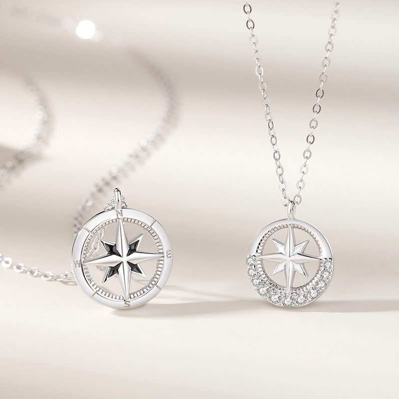 S925 Sterling Silver Halloween Geometric Cross Necklace with Octagram Compass Design