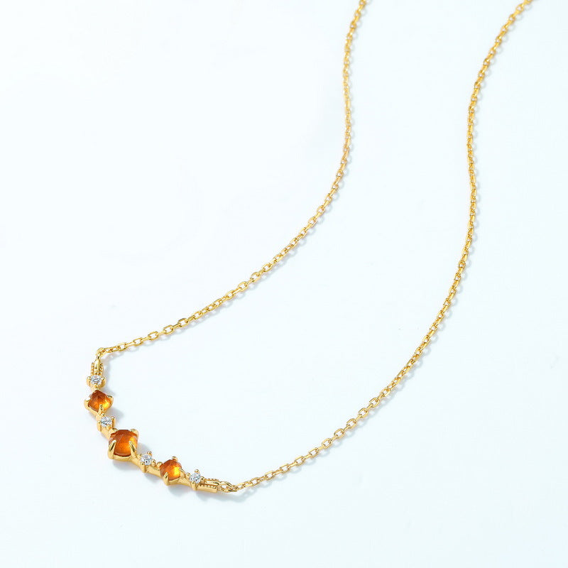 S925 Sterling Silver Gold-Plated Geometric Orange Garnet Pendant Necklace