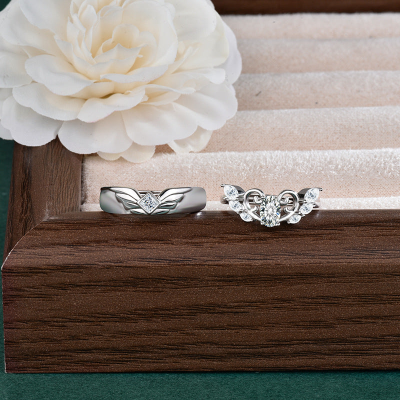 S925 Sterling Silver “Angel Wings” Moissanite Couple Ring