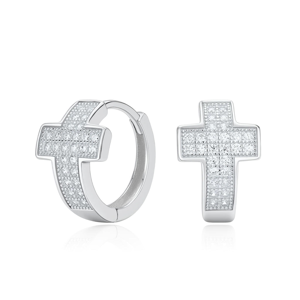 Pave CZ Cross Huggie Hoop Earrings in 925 Sterling Silver