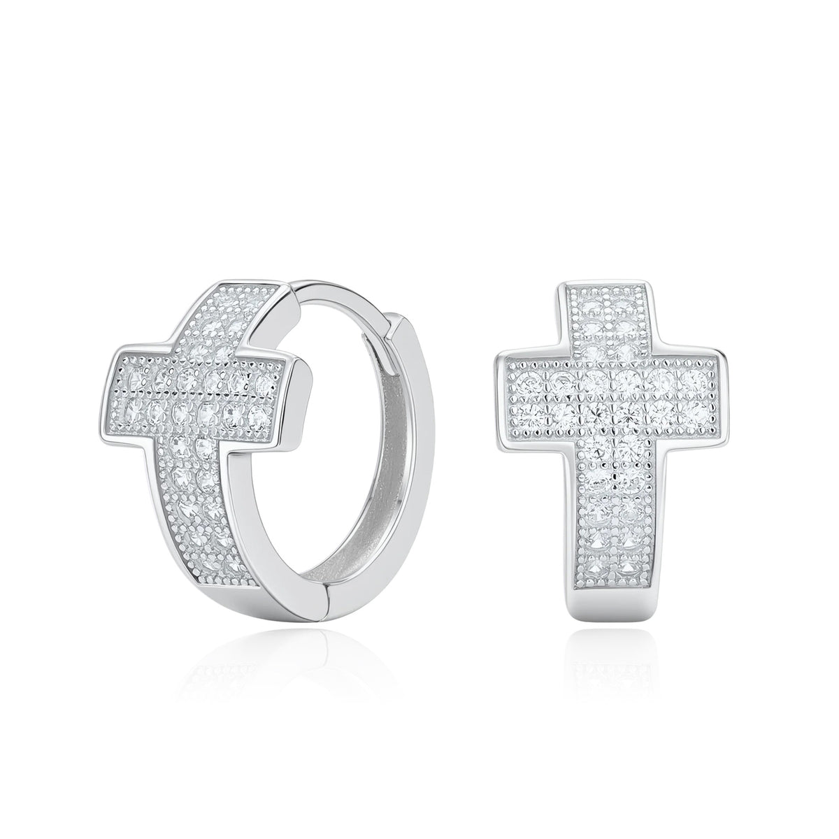 Pave CZ Cross Huggie Hoop Earrings in 925 Sterling Silver