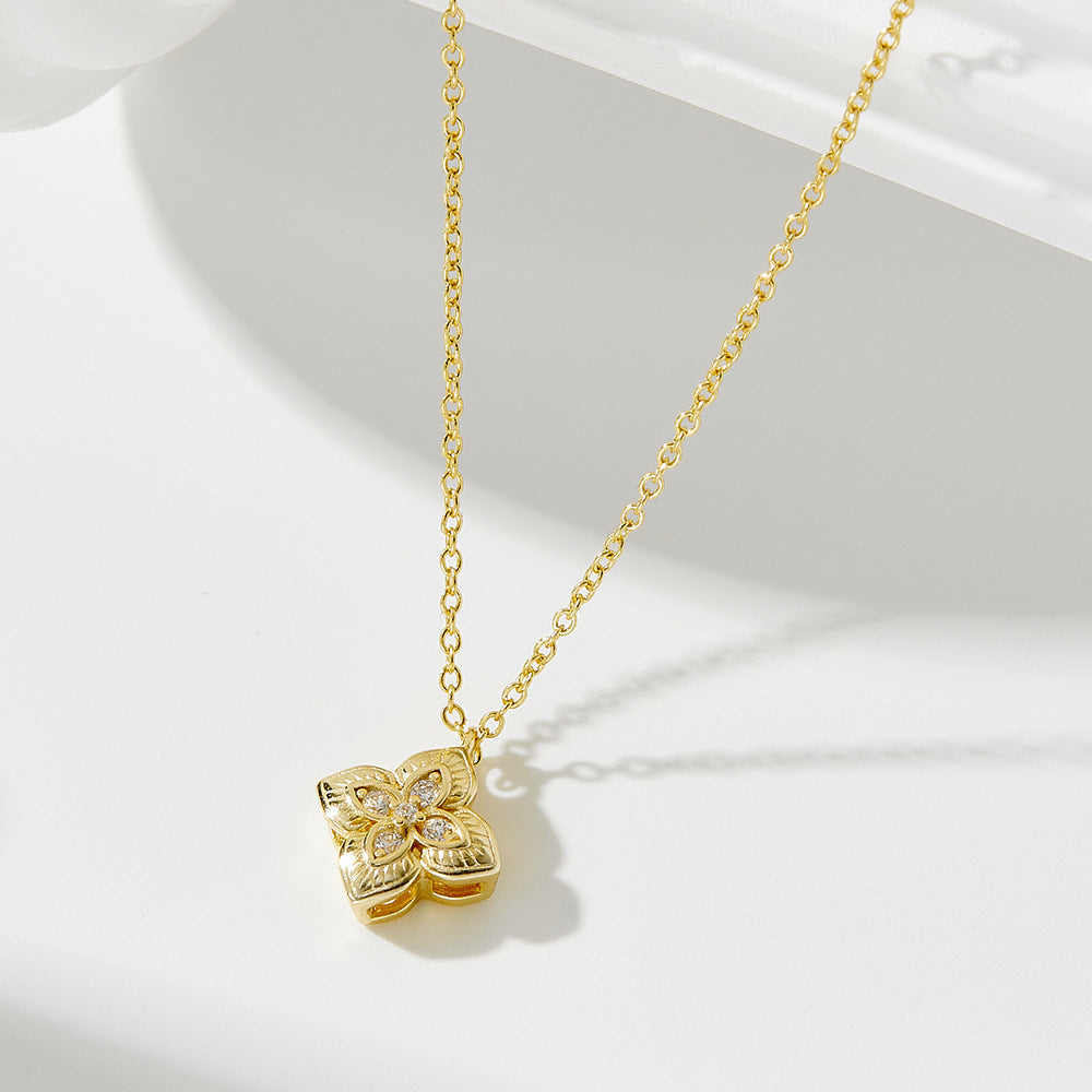 S925 Sterling Silver Zircon Inlaid Four-Leaf Clover Pendant Necklace