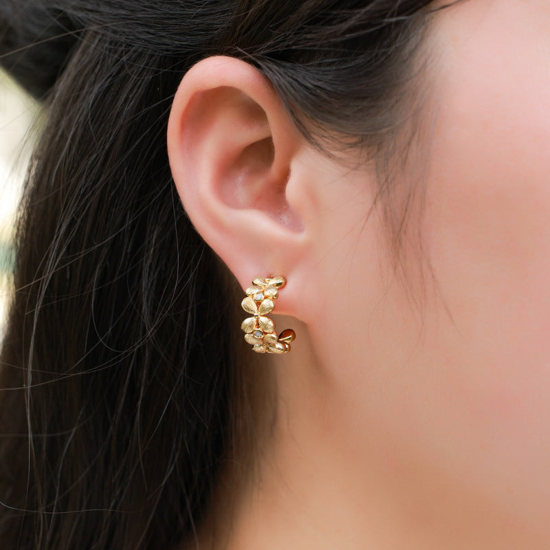 S925 Sterling Silver Gold Plated Vintage Court Style Flower Zircon Earrings