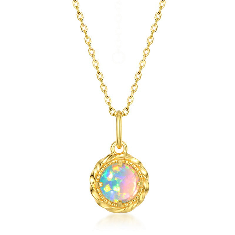 S925 Sterling Silver Gold-Plated Retro Opal Pendant Necklace
