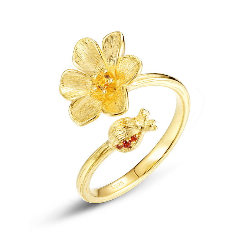 S925 Sterling Silver Gold-Plated Pomegranate Zircon Inlaid Ring