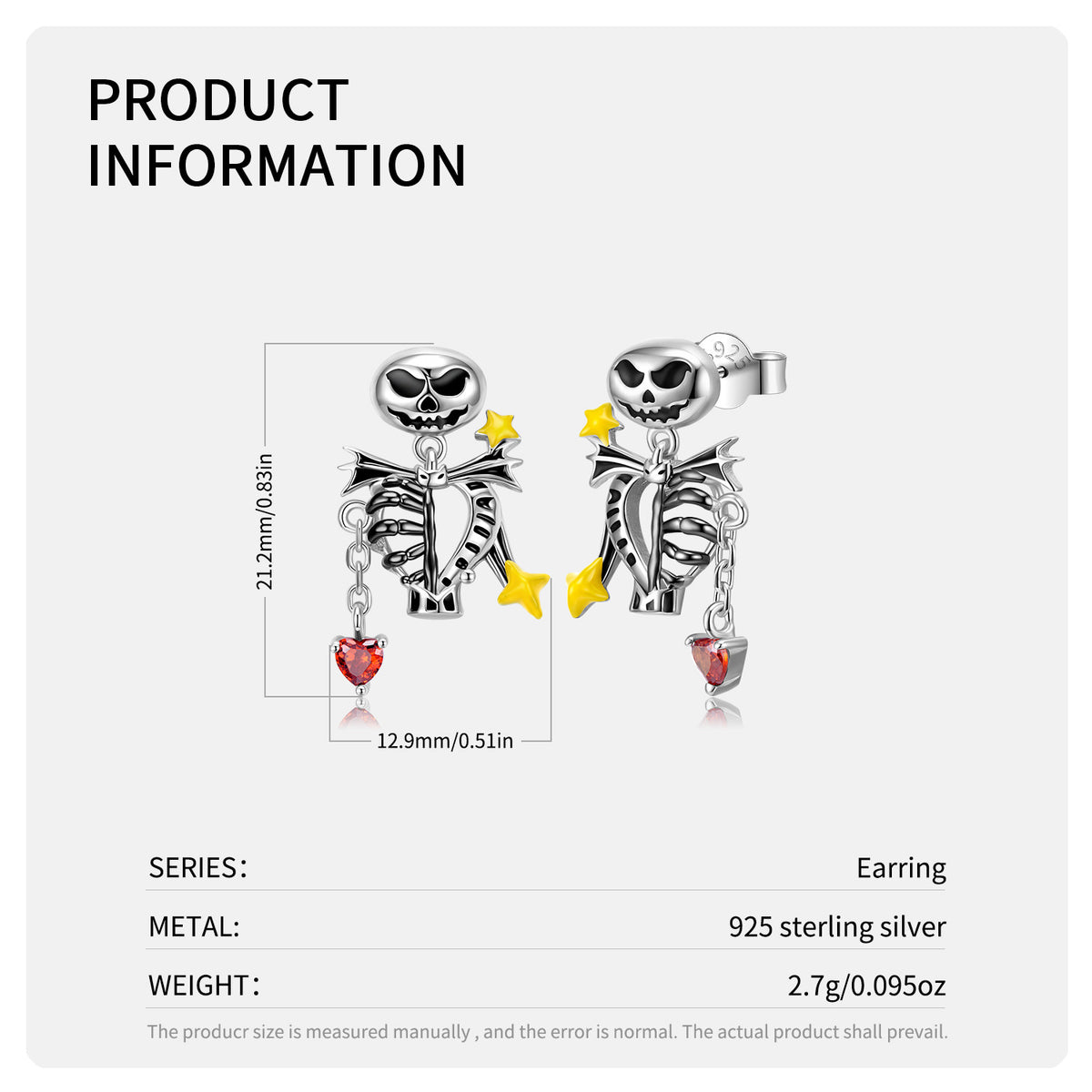 S925 Sterling Silver Halloween Skull and Bone Stud Earrings