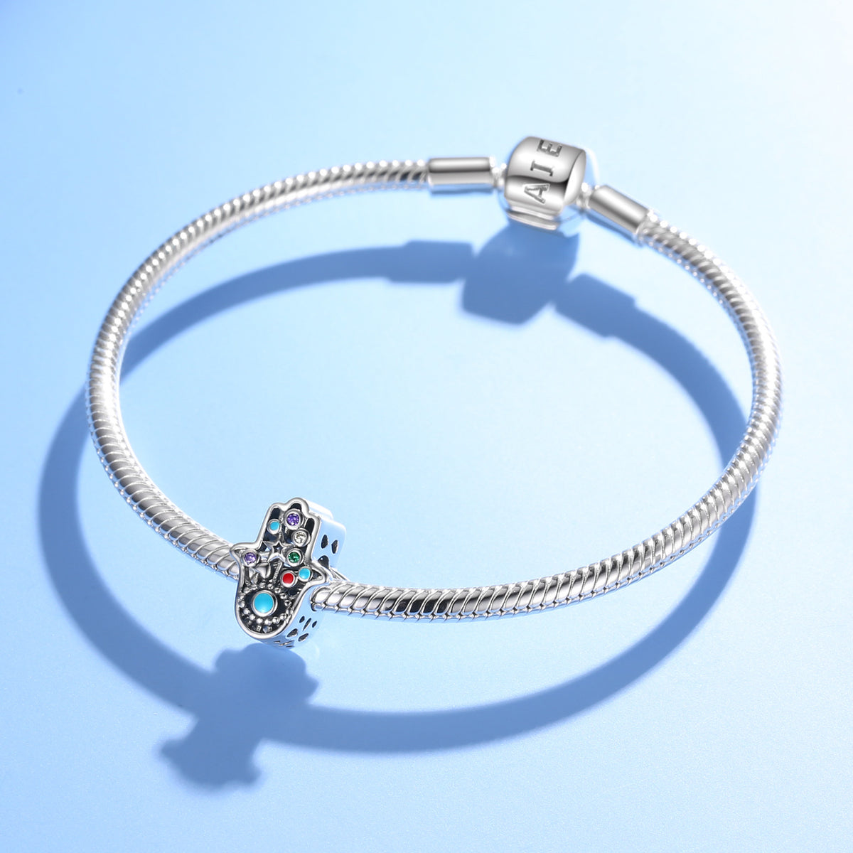 S925 Sterling Silver Fatima Bracelet Beads Colorful Zircon Pendant