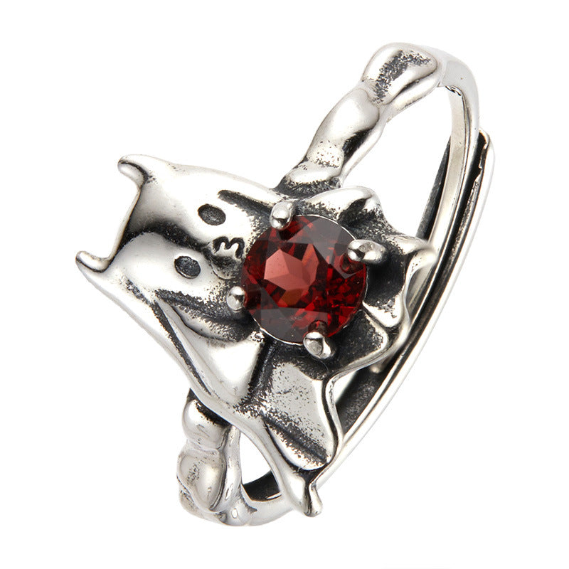 S925 Sterling Silver Halloween Ghost & Bat Open Ring with Garnet and Black Spinel