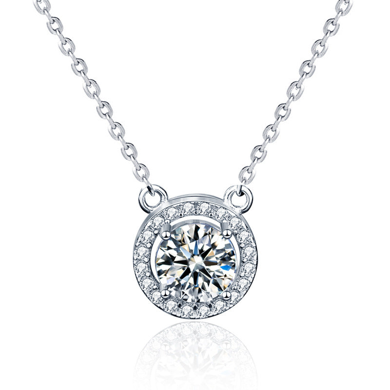 S925 Sterling Silver Moissanite Round Pendant Classic Style Necklace