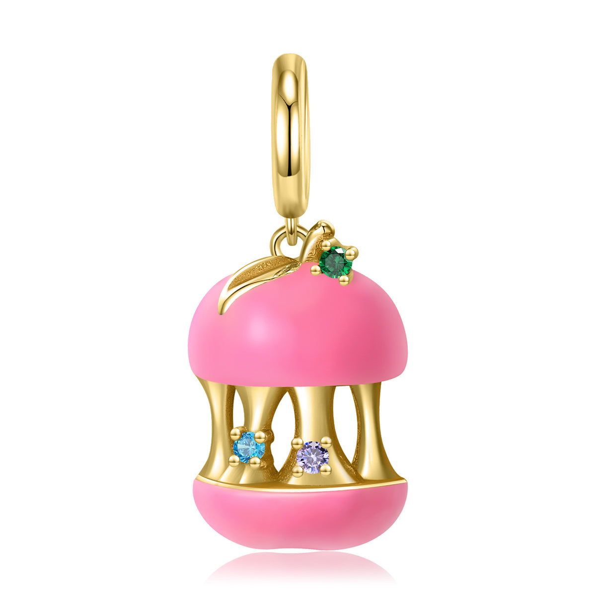 S925 Sterling Silver Pink Brushed Apple Bead Charm 14K Gold Plated with Zircon