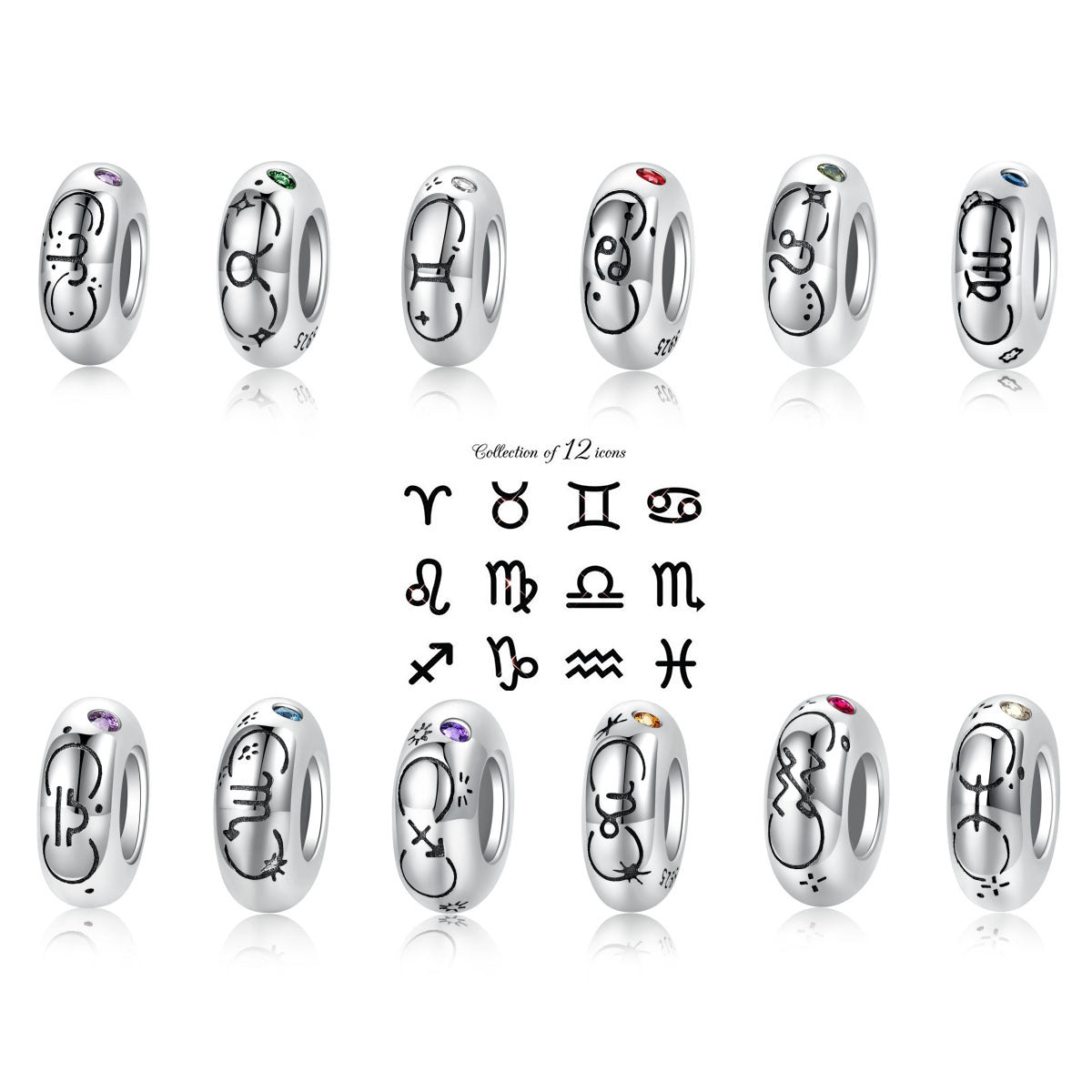 S925 Sterling Silver 12 Constellation Zircon Spacer Beads Pendant