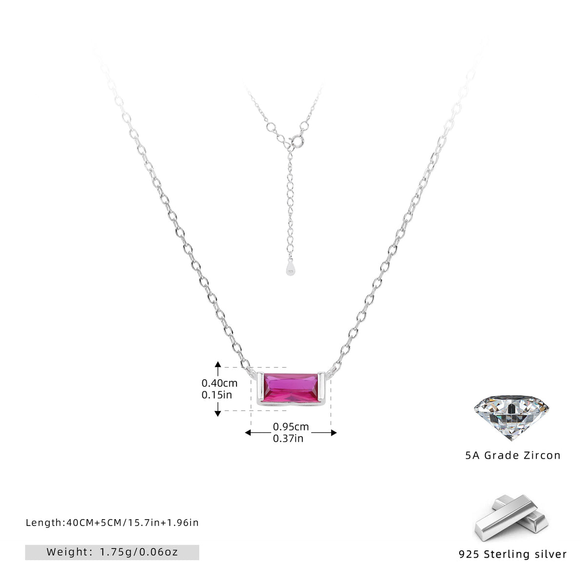 Rectangular colored zircon s925 sterling silver December birthstone collar necklace