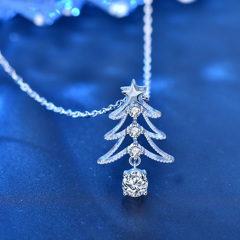 S925 Sterling Silver Moissanite Christmas Tree Pendant Necklace