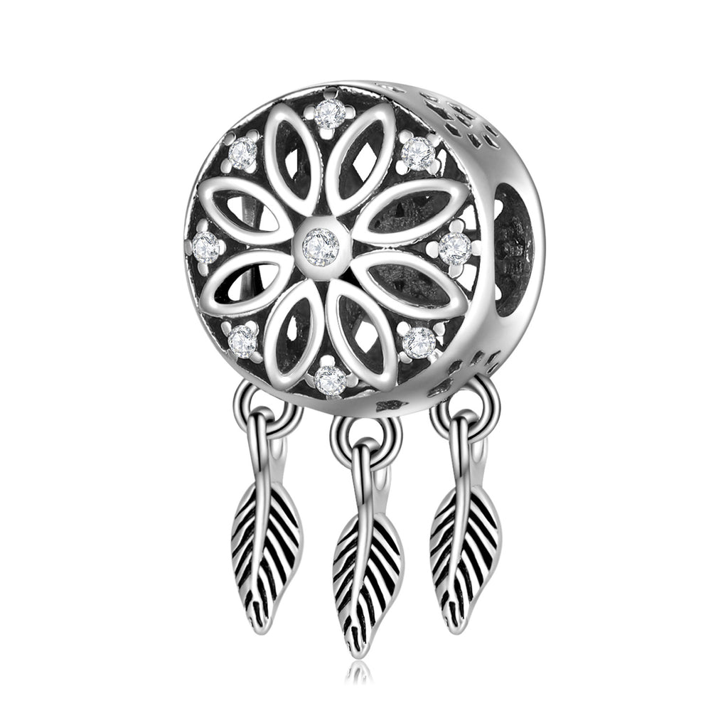 S925 Sterling Silver Hollow Flower Feather Tassel Dreamcatcher Pendant