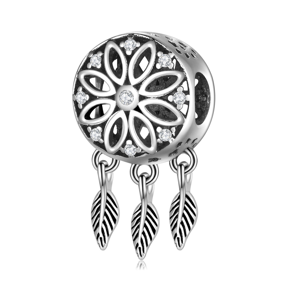 S925 Sterling Silver Hollow Flower Feather Tassel Dreamcatcher Pendant