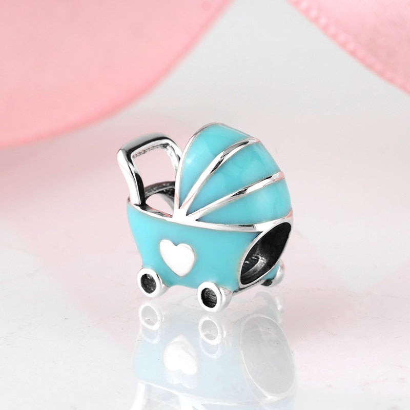 S925 Sterling Silver Sky Blue Baby Stroller Bead Pendant