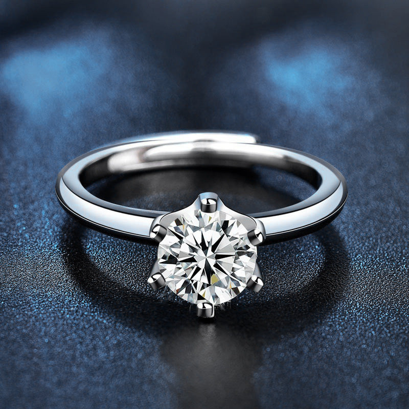 925 Sterling Silver Adjustable Six-Prong Moissanite Ring