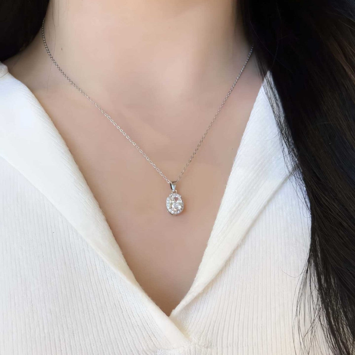 S925 Sterling Silver Oval Moissanite Pendant Necklace
