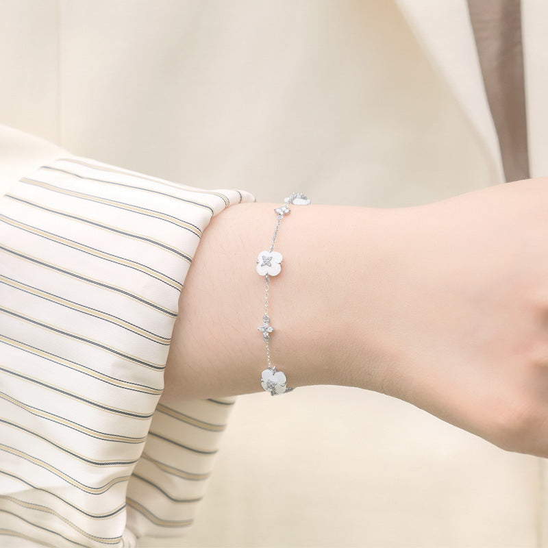S925 Sterling Silver Four-Leaf Clover Jade Bracelet