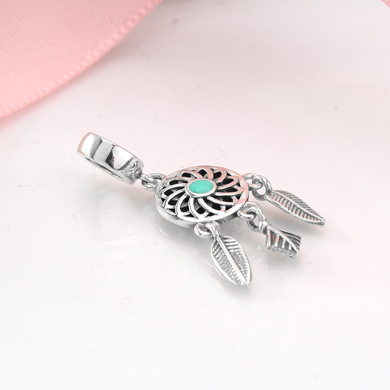 S925 Sterling Silver Dream Catcher Hollow Flower Feather Tassel Pendant
