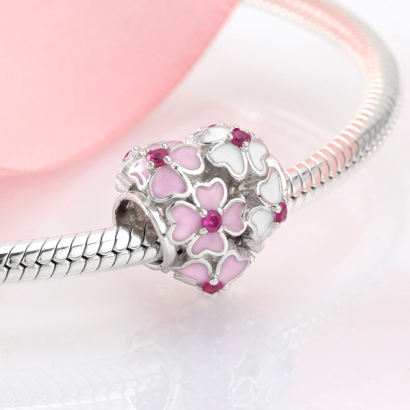 S925 Sterling Silver Exquisite Pink and White Four Leaf Clover Heart-Shaped Zircon Pendant