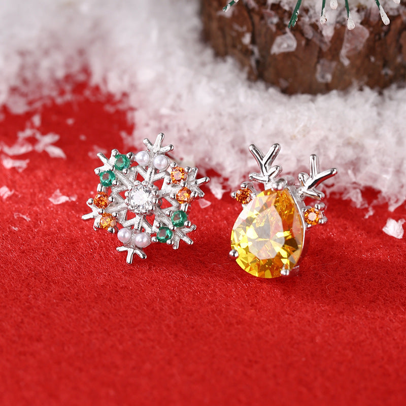 S925 Sterling Silver Christmas Snowflake and Reindeer Stud Earrings