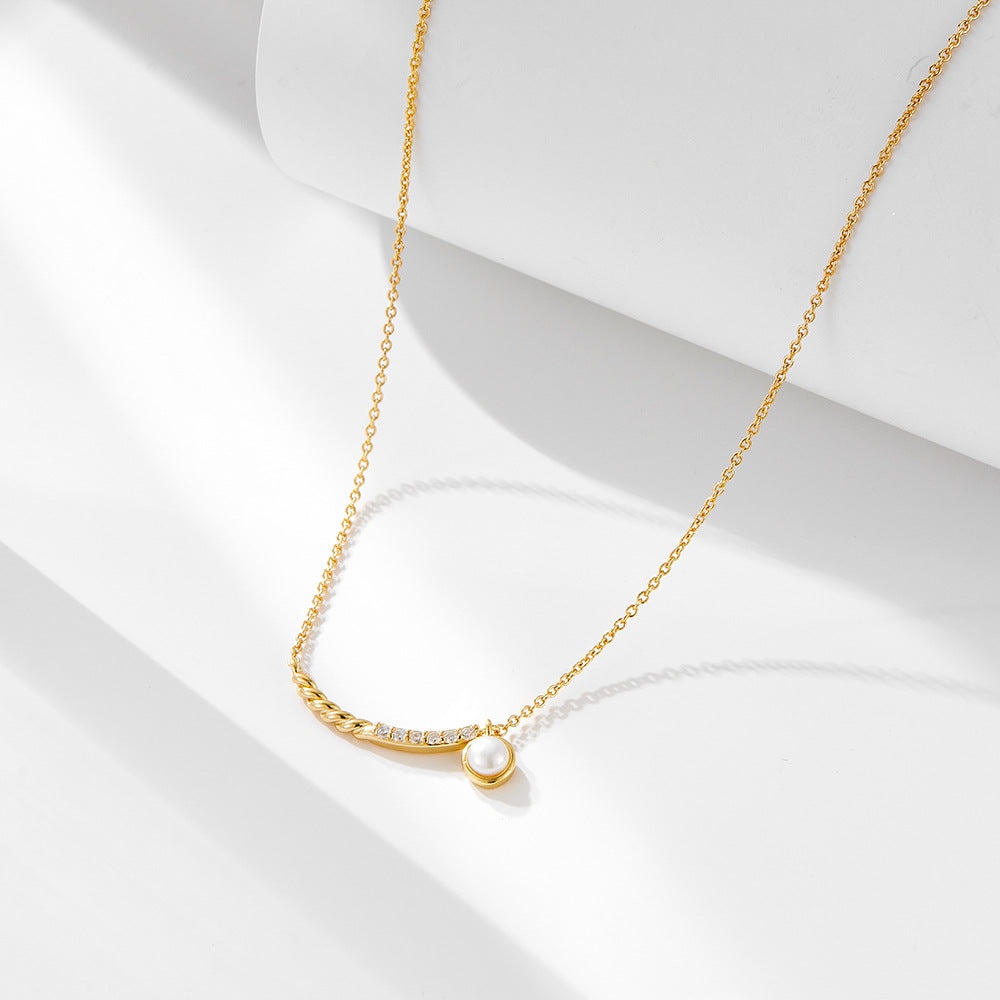 S925 Sterling Silver Simple Zircon Inlaid Pearl Pendant Necklace