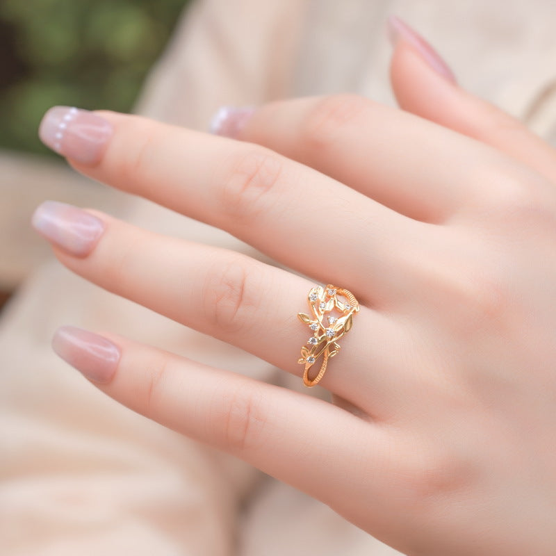 S925 Sterling Silver Gold-Plated Hollow Leaf Vine Zircon Ring