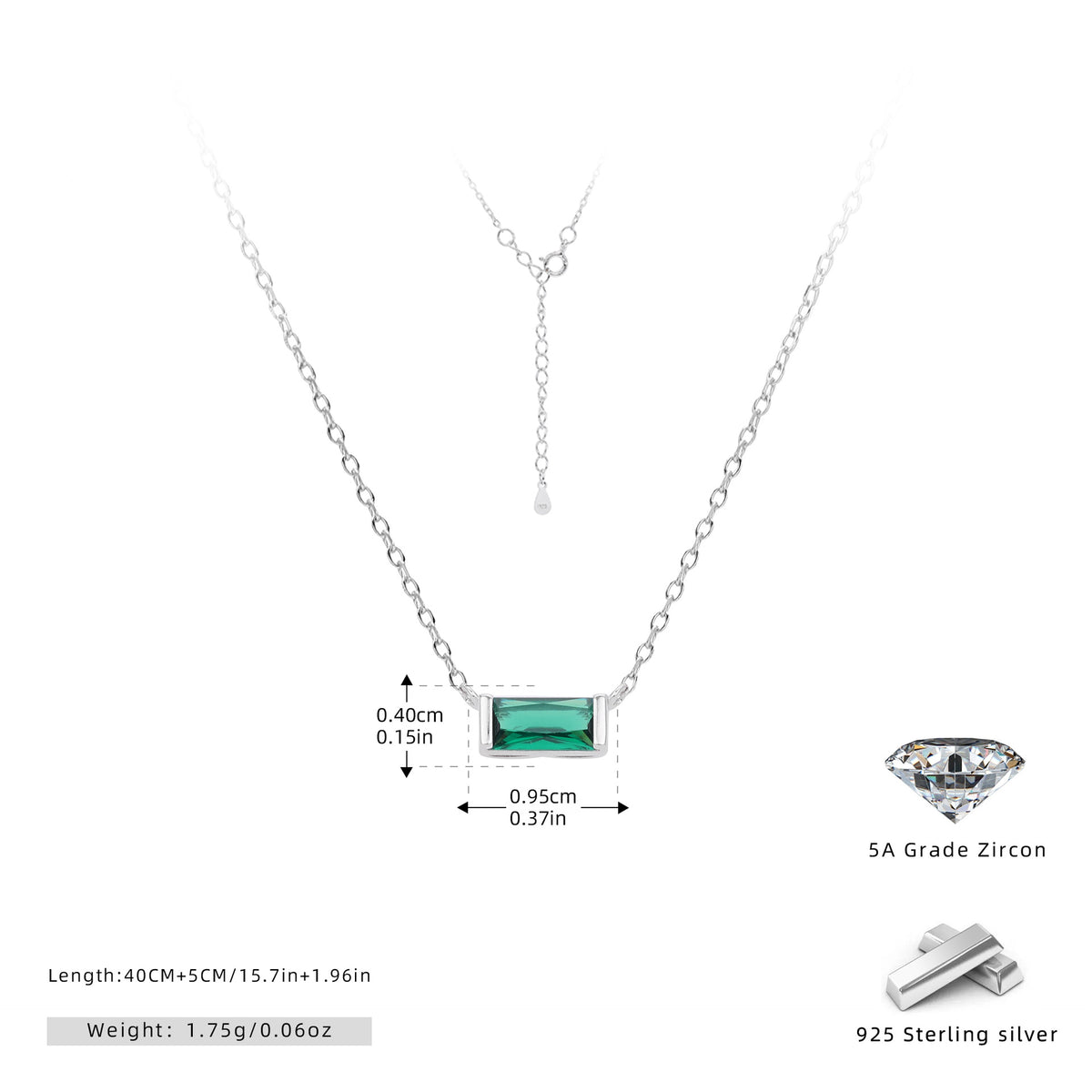 Rectangular colored zircon s925 sterling silver December birthstone collar necklace