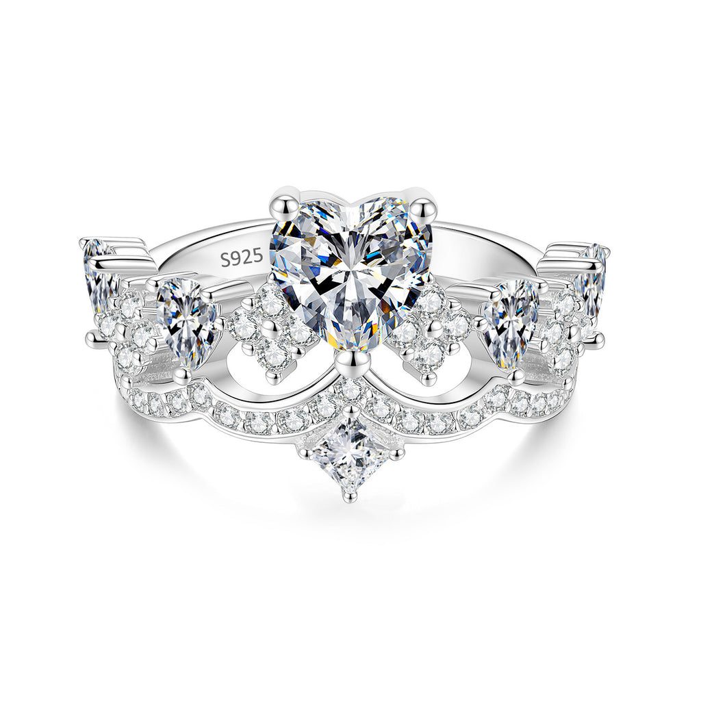 S925 Silver Heart and Crown Ring with Colorful Moissanite
