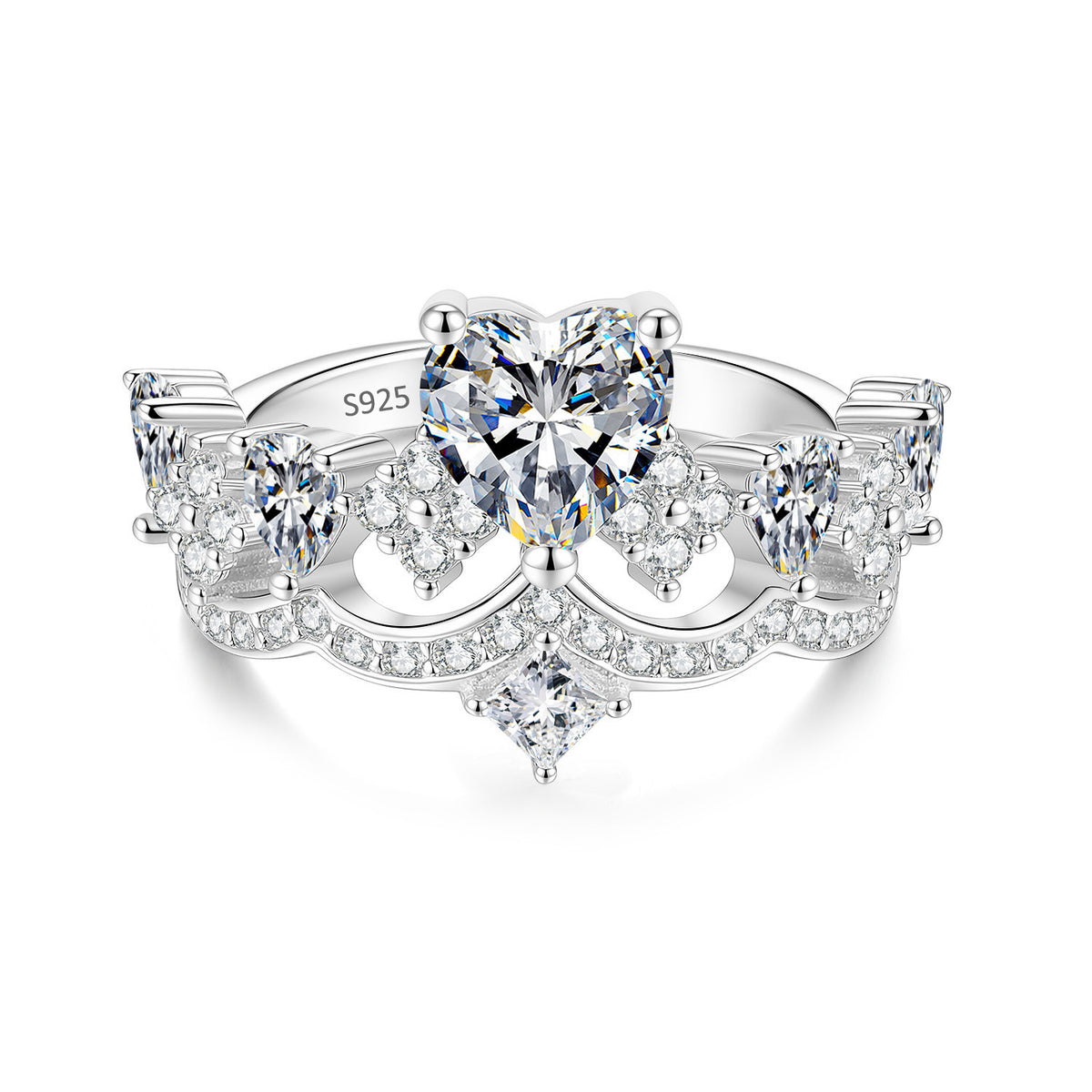 S925 Silver Heart and Crown Ring with Colorful Moissanite