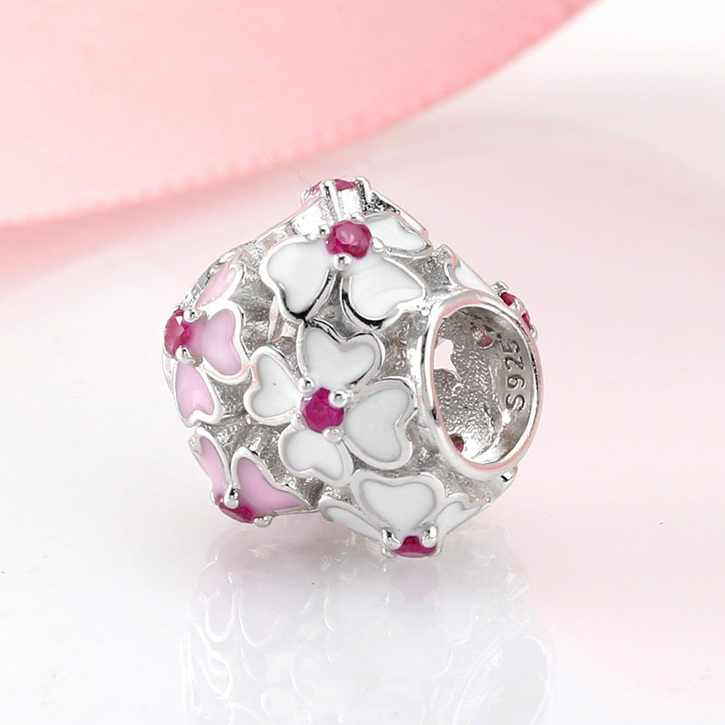 S925 Sterling Silver Exquisite Pink and White Four Leaf Clover Heart-Shaped Zircon Pendant