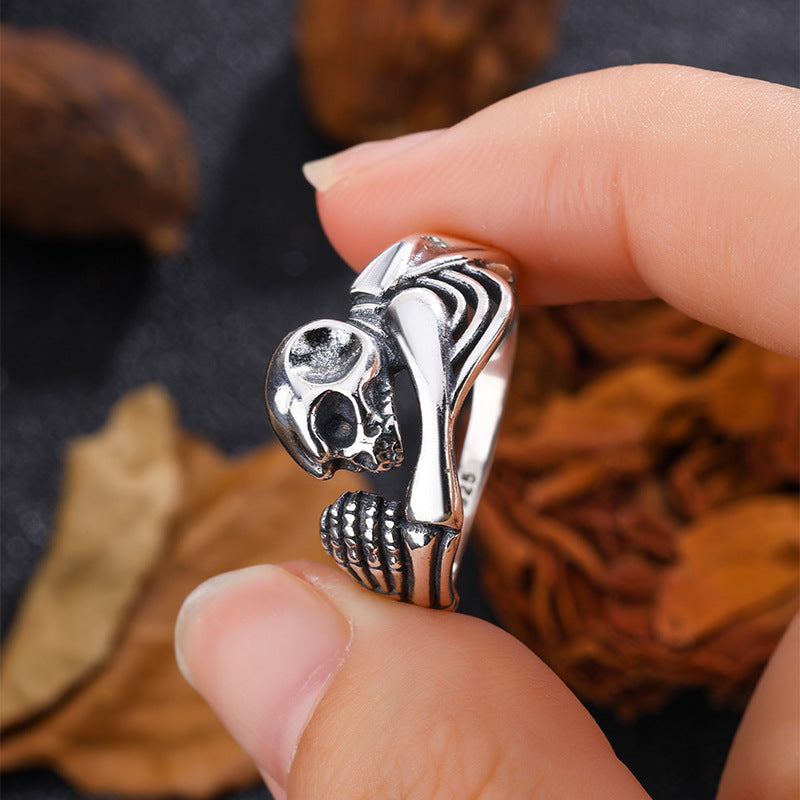 S925 Sterling Silver Halloween Distressed Skull and Skeleton Ring