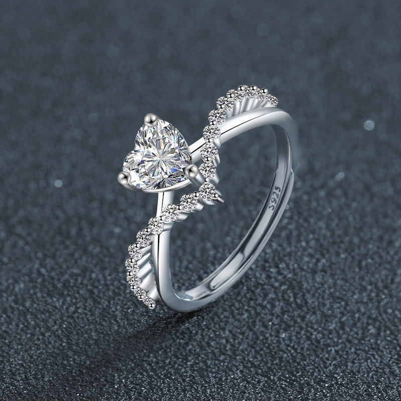 S925 Sterling Silver Heart Moissanite Diamond Accent Surround Ring