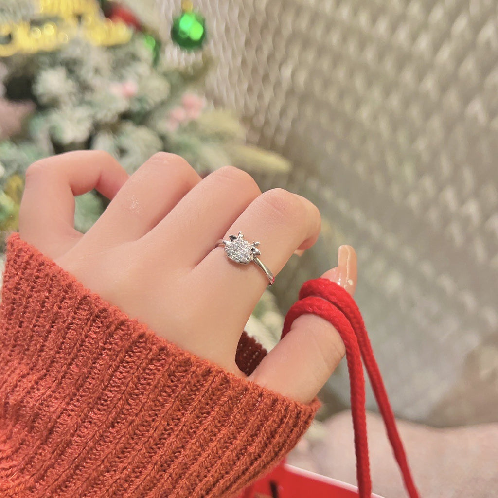 S925 Sterling Silver Adjustable "Fluttering Heart" Reindeer Christmas Ring
