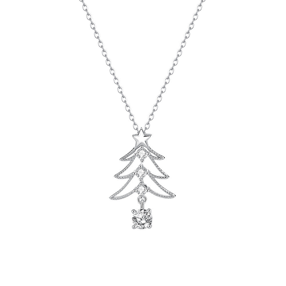 S925 Sterling Silver Openwork Christmas Tree Zircon Necklace